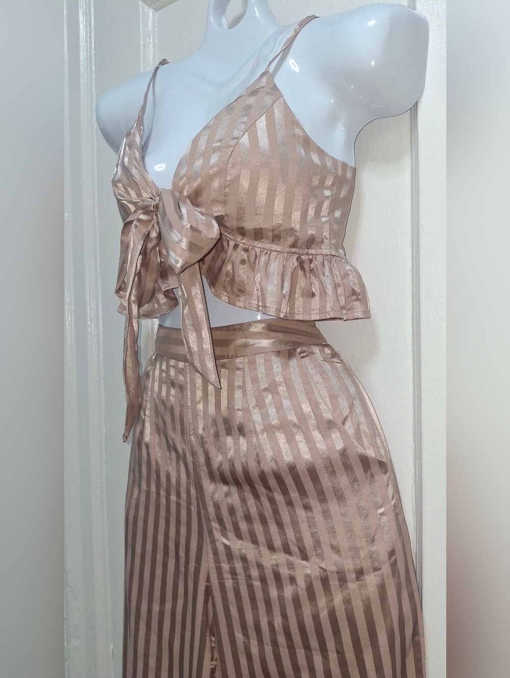 L'ATISTE Satin 2-Piece Set Blush Pink Stripe Crop Top & Pants S
